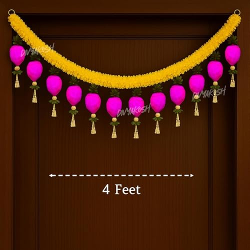 Image of Divyakosh Torans for Door Entrance (Size 4 FT / 48 Inch), Home Decoration Hangings, Lotus Buds Toran | Thoranam Yellow Fabric Gajra Bandhanwar