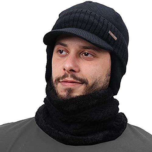 Men's & Boy's Ultra Soft Woolen Visor Beanie Cap Plus Neck Scarf Set-(Black,Freesize)-image-29