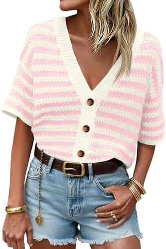 Saodimallsu Womens Short Sleeve Striped Cardigan Sweaters Crochet...