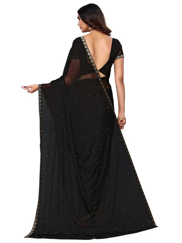 Image of SIRIL Women's Lace & Peral Work Lycra Saree with Unstitched Blouse Piece(2739S251 Black1)