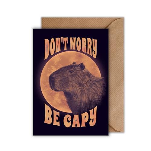 WBdesignz Capybara Grußkarte mit Umschlag – „Don’t Worry Be Capy“ – Retro Tierkarte mit lustigem Spruch – für Tierliebhaber & Humor-Fans (DIN A6)