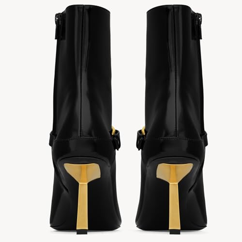 Black Ankle Booties for Women Pointed Toe Stiletto High Heel Patent Leather Metal Buckle Short Boots with Side Zipper Casual Party Dating Dress Shoes4