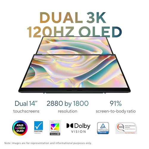 Image of ASUS Zenbook Duo Dual Laptop, Intel Ultra 9-285H, 32 GB LPDDR5X RAM, 2 TB PCIe SSD, 14'' 3K (2880x1800) OLED Touchscreen, Intel Arc Graphics, Backlit Keyboard, W11 Pro, Inkwell Gray