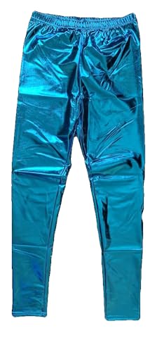 krautwear Damen Mädchen Leggings Leggins Metallic Glänzend Wet Look Latex Kunstleder Partylook (blau-SM)