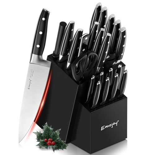 Emojoy 22-Piece Kitchen Knife Set with Block, Include 2-pair Chef Knives, Carving Fork and Sharpener (Dual-Chef Sets)