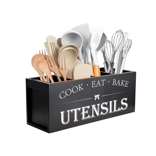 Extra Large Kitchen Utensils Holder-4 Black Compartments Wooden Utensil Organizer for Kitchen Countertop Farmhouse Kitchen Decor Rustic Cooking Utensil