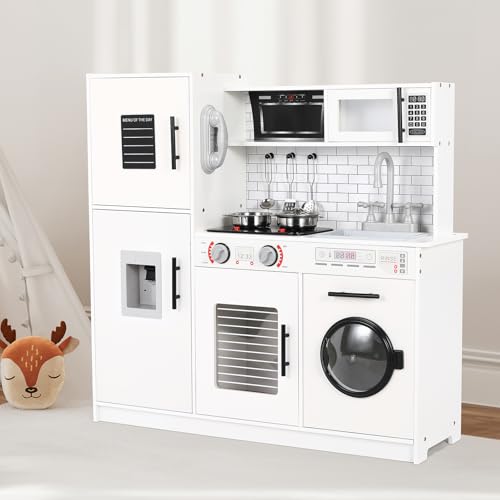 Kids Kitchen Playset, Wooden Pretend Play Toy Set w/Realistic Design, Lights Sounds, Pots Pans Utensils for Boys Girls Ages 3+ (White)