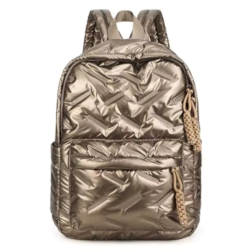 Mochila Feminina Metalizada Puffer – Bolsa Moderna e Leve para Viagem, Escola ou Uso Diário (Marrom)
