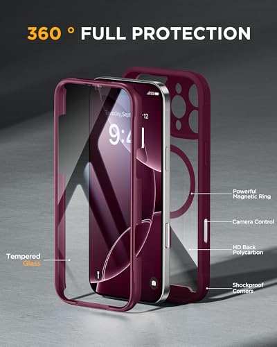 Image of Miracase Magnetic for iPhone 16 Pro Case Full-Body Phone with Built-in Glass Screen Protector, [Compatible with MagSafe] Military Drop Proof 16 Pro Cover Bumper 6.3 inch, Plum