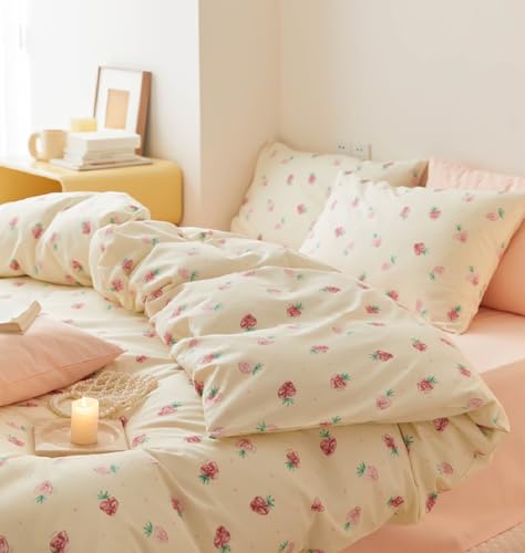 Image of Nayoroom Strawberry Duvet Cover Set Full Size Girls Cute Pink Strawberries Kawaii Comforter Cover 2 Pieces Soft Lightweight Microfiber Cream White Bedding with Zipper Closure