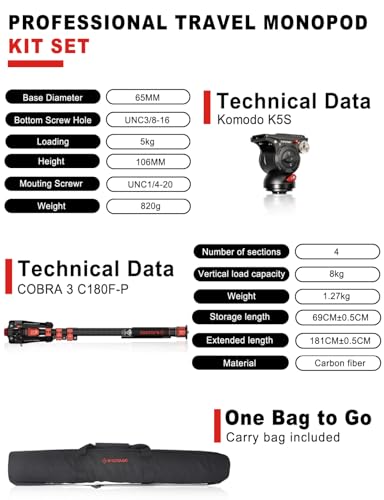 Ifootage IFT-C180P+K5S Cobra 3 Monopod C180F-P With K5S Fluid Head Professional Portable Travel Monopod Kit For Canon Nikon Sony Olympus Panasonic Dslr Camera thumb #1