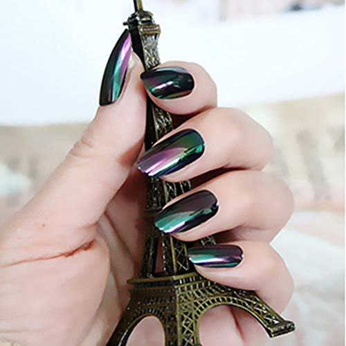 Genbree Metal Mirror False Nail Green Oval Fake Nails Full Cover Medium Press on Nail Arts Tips for Women and Girls 24 PCs