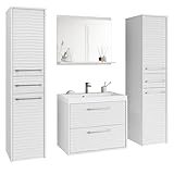 minio - set mobili bagno completo da 4 pezzi yuko 3, 1x specchiera bagno con mensola, 1x mobile bagno con lavabo, 2x mobile bagno colonna - bianco/bianco mdf a onda