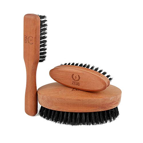 ZEUS Beard Brush Kit for Men - 100% Natural Boar Bristle Brush Set for Softer and Fuller Beards and Mustaches (FIRM BRISTLES)