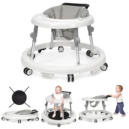 Baby Walker Foldable with 9 Adjustable Heights, Baby Walker with Wheels Portable, Infant Toddler Walker for Baby Boy Girls 6-18 Months (White)