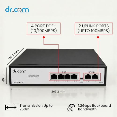 Image of dr.com 6 Port PoE Switch with 4 PoE Ports and 2 Uplink Ports 10 /100 Mbps 65W Power IEEE 802.3af /at Support for CCTV IP Camera Network Switch Plug and Play Metal Body Black
