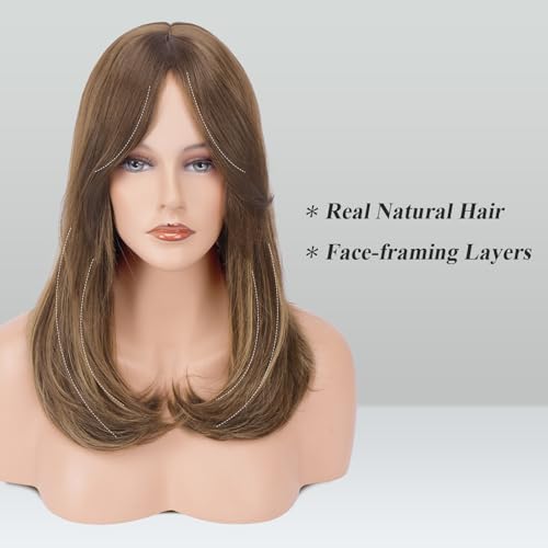 Image of FESHFEN Wigs with Bangs for Women, Synthetic Natural Looking Long Layered Straight Hair Wig for Women Daily Party Use, 18 inch Brown Mixed Blonde