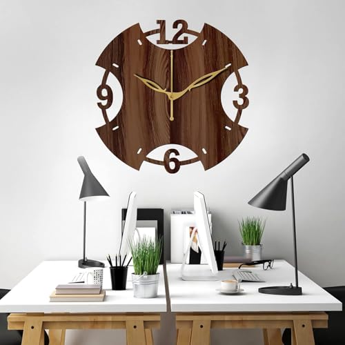 Image of SKYVILLA 12 Inch Wooden MDF Brown Analog Wall Clock with English Numerals | Silent Quartz Movement | Lightweight Without Glass Design for Home Living.