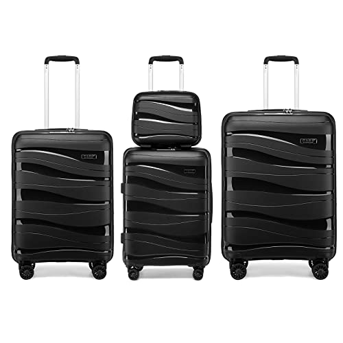 Kono Bagageset i lätt polypropen, resväska i hårt skal med TSA-lås och spinner-hjul, Svart, Set of 4