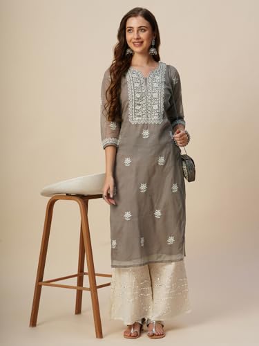Image of RATAN Muga Cotton Straight Lucknowi Chikankari Ethnic Wear Kurta for Women