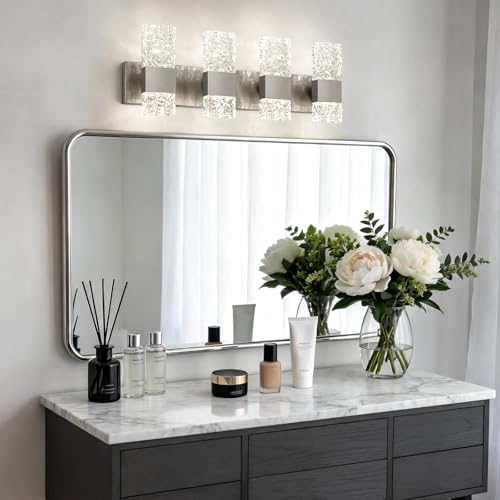 Image of Epinl Brushed Nickel 4-Light Bathroom Vanity Lights, 4000K Modern Bathroom Lighting Fixtures Over Mirror, 28 inch LED Crystal Bathroom Light Fixtures Hardwired Wall Sconces for Bathroom Living Room