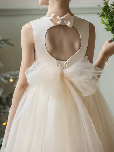 Girl's Crew Neck Tulle Flower Girls Dresses for Wedding Back Tied Bow Pageant Princess First Communion Dress4