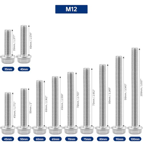 Image of M12-1.75 x 40mm Serrated Flange Hex Bolts + Flange Nut + Flat Washer + Lock Washer Combo Pack, 304 Stainless Steel 18-8, for Automotive & Machinery, 6 Sets