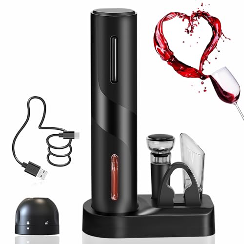 ZOYIDOUX Abridor de vino eléctrico recargable 7 en 1 Juego de regalo, Sacacorchos eléctrico con base, cortador, tapón de vacío de silicona, tapones de champán,vertedor, línea USB