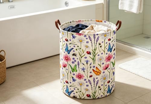 Image of ESSME Laundry Basket,Flower Hamper Collapsible Canvas Waterproof Storage Bin for Form, Nursery Hamper,Gift Baskets(Flower cluster)