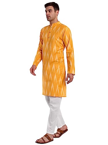 Image of SKAVIJ Men's Pure Cotton Printed Kurta Pajama Set Ikat Design Casual Ethnic Dress (KP118gold Gold L)
