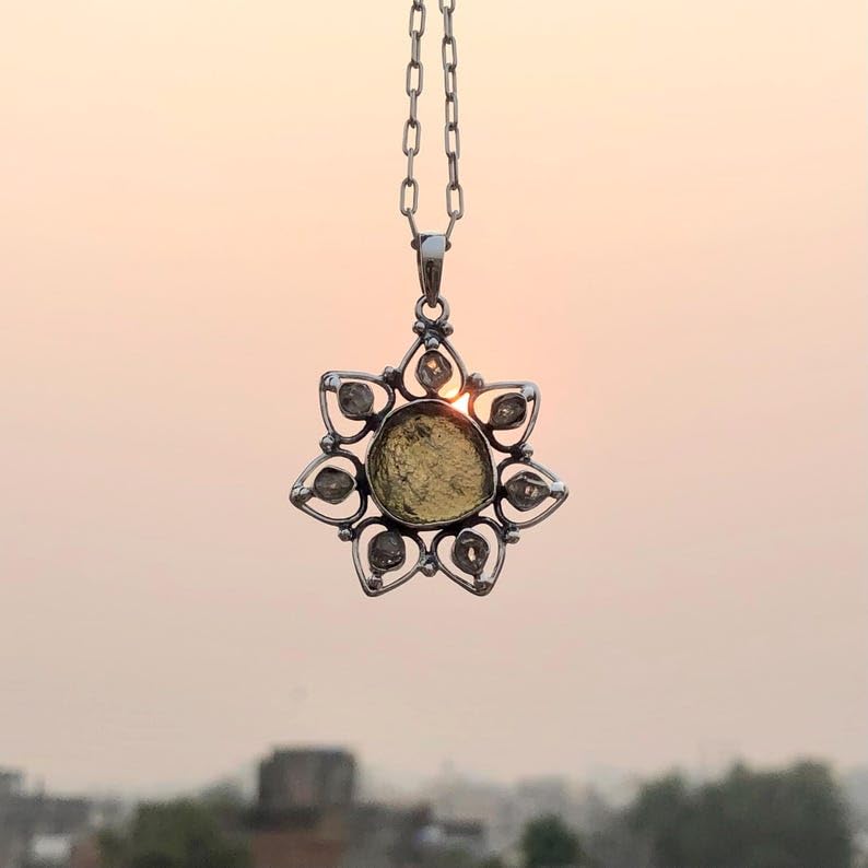 Moldavite and Herkimer Diamond Pendant, 925 Sterling Silver Handmade Pendant Gift For Mom3