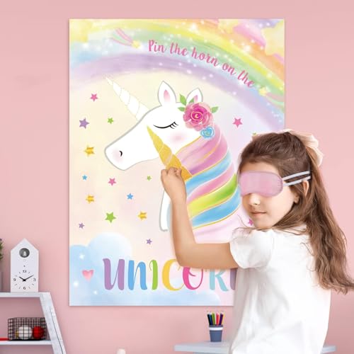 Image of WERNNSAI Pin The Horn On The Unicorn - Unicorn Birthday Decorations 21'' X 28'' Birthday Party Game with 24 Pcs Horns Stickers for Kids School Classroom Activities | Pin The Tail on the Unicorn,Girls Birthday Party Game,28 inch x 21 inch Poster with 24 Stickers and Blindfold