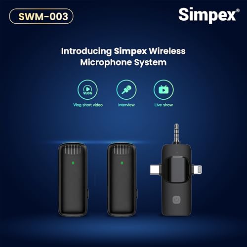 Image of Simpex (SWM-003 Wireless Microphone & amp; Receiver, 2X Mic System, 2.4GHz Frequency, 4Hr Battery, 20m Range, for All Smartphones, Ideal for Voice Recording, & Live Streaming.