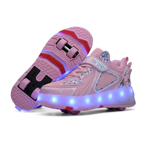 KSYVUCRD Kids Roller Skating Shoes LED Glow USB Charging Scalable Four Wheel Shoes Suitable for Roller Skating Beginner Boys Girls Birthday Gift,Pink Little Kid Size 12.5