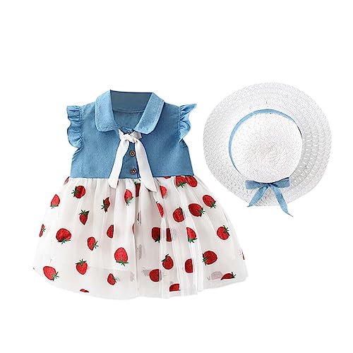 Image of Bold N Elegant Cap Sleeve Denim Embroidered Midi Party Dress Frock with Hat Dress for Infant Toddler Girl Baby Girl
