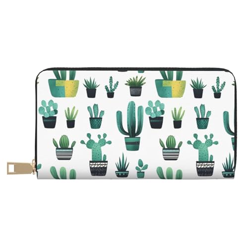Leather Thin Slim Wallets for Women Men - Fashion Succulent Cactus Plant Print Card Wallet Holder with Zipper