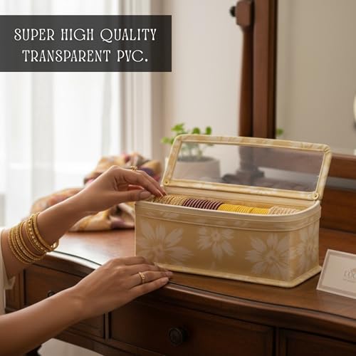 Image of PVC Single-Rod Floral Bangle Organizer Box for Women | Jewellery Bangle Storage Case for Chudi, Kada & Accessories, Bangle Holder Pouch | Beige | Pack of 2