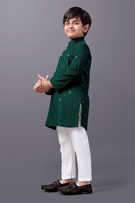 Image of Valaki Kurta Pajama Set for Boys Cotton Blend Mirror Work Embroidery Kurta Pyjama for Boys