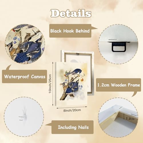 Image of CHDITB Vintage Bird Framed Canvas Wall Art, Spring Birds Illustration, Nature Wildlife Wall Decor, Botanical Bird Poster, Retro Watercolor Art Prints For Living Room Bedroom Kitchen Decor 8 inchX10 inchx6