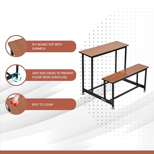 Image of GOYALSON School Home Tution College Bench Duel Desk Student Bench Cum Duel Desk Strong and Sturdy Metal Standard Structure with Wooden Top (1, Teak, Large Class)
