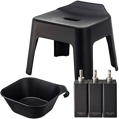 山崎実業(Yamazaki) タワーシリーズ tower 引っ掛け 風呂イス &引っ掛け湯おけ & マグネットタワー 【モノギャラリー限定クリアファイル付】セット (引っ掛け風呂イス タワー25cmブラック, 【5点セット】+マグネット湯桶+マグネットディ