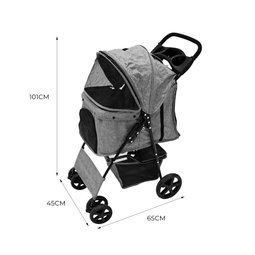Wandelwagen voor huisdieren, geweven grijze drager, opvouwbare trolley, reiswagen, 15 kg, capaciteit 4 wielen, remmen voor katten en honden, veiligheidshaak leiband, kussen, luifel, gaas, ramen, mand, - Afbeelding 6