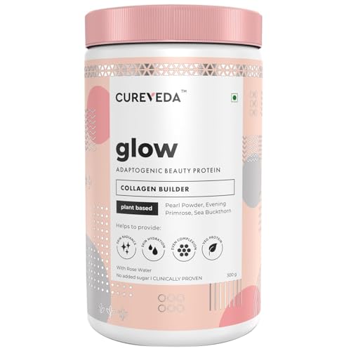Cure.veda Collagen Builder Glow Powder for Brighter & Youthful Skin, Plant-Based Supplement with Rose Water, Veg Beauty Protein, Evening Primrose 100IU, No Added Sugar, 300gm