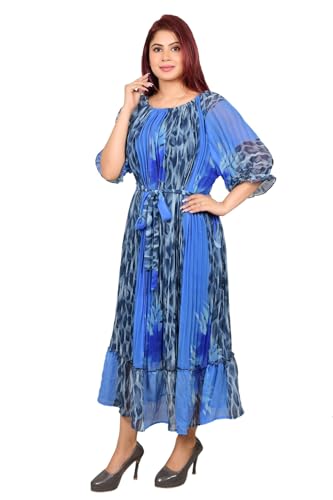 Image of Women's Gown Dress Georgette Fabric 3 /4 Sleeve Summer Wear One Piece Girls Dress Western Party Casual Wear Outfits for Ladies (Blue)