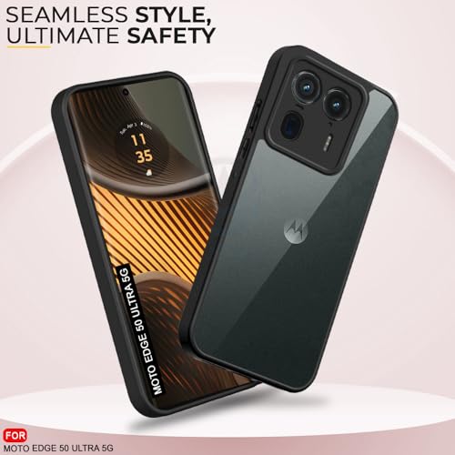Image of AESTMO Moto Edge 50 Ultra 5G Back Cover | 360 Protection | Crystal Clear Hard Back Transparent | Bumper Case for Moto Edge 50 Ultra 5G (PC+TPU, Black Bumper)