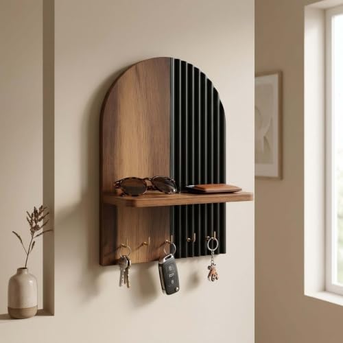Image of Home Sparkle Wall Mounted Key Holder for Home Entrance with Shelf | MDF Wooden Key Stand with Premium Paint Finish | Modern Key Hanger Organizer for Keys, Essentials | 6 Hooks | Black & Walnut