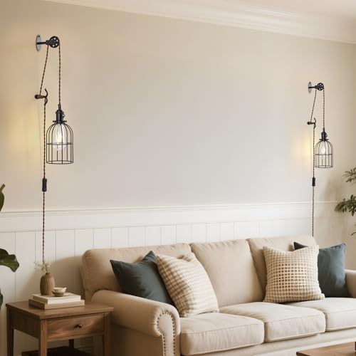 Image of Plug in Pendant Light Set of 2,Industrial Hanging Lamps that Plug into Wall Outlet,Farmhouse Pulley Pendant Light with Plug in Cord, Wall Lamps for Bedroom Living Room Kitchen.