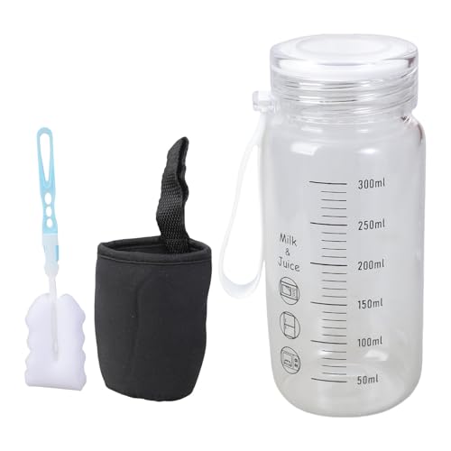 Bouteille en verre borosilicate de 300 ml avec graduations graduées, avec manchon et couvercle, bouteille en verre transparent pour salle de sport