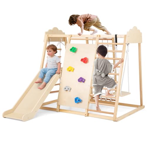 GOPLUS Estructura de Escalada Infantil de Madera 8 en 1, Triángulo para Niños con Tobogán, Escalera, Columpio y Barra, Centro de Actividades Montessori para Interiores, para Niños 3+ (Multicolor)