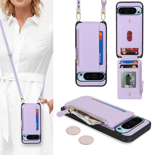 Cavor Compatible with Google Pixel 9 Pro XL Case Wallet Pixel 9 Pro XL Crossbody Phone Case with Strap Wallet Cover for Women Leather Zipper Pocket Card Holder-Purple